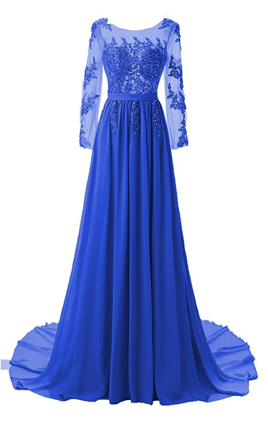 Long Sleeves Blue Prom Dress With Open Back