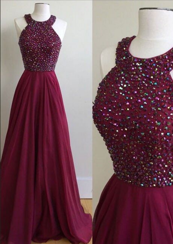 Round Neck Beaded Long Chiffon Prom Dress on Luulla