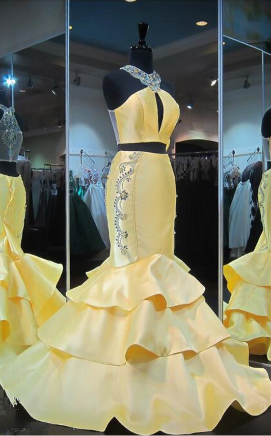 Gorgeous Zipper Yellow Prom Dresses,evening Gown Mermaid Halter Yellow Formal Dresses,ruffles Sleeveless Crystals Prom Dress