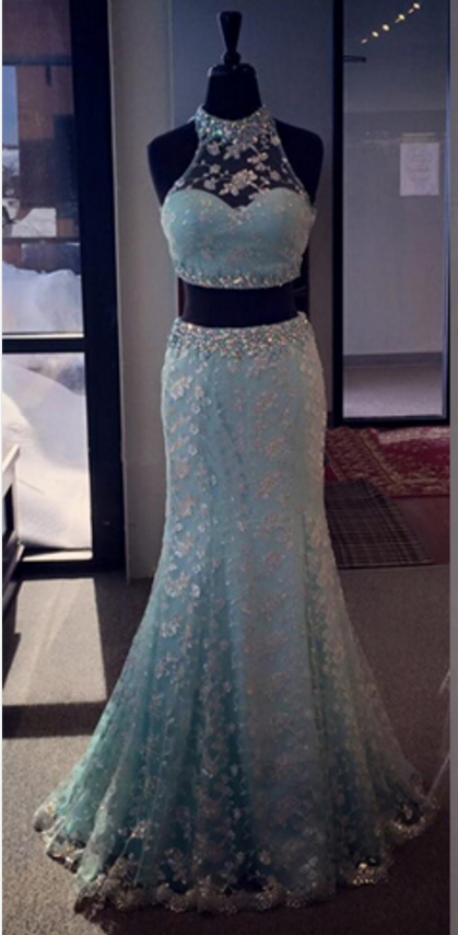 Blue Prom Dresses, Beautiful Prom Dress, Two Piece Prom Dress, Lace Prom Dress, Sleeveless Prom Dress, Elegant Prom Dress