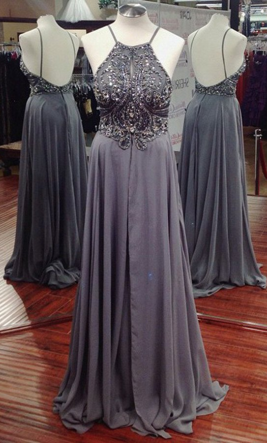 Gray A-line Prom Dresses,long Chiffon Beaded Prom Dress Evening Dresses With Backless Evening Dresses