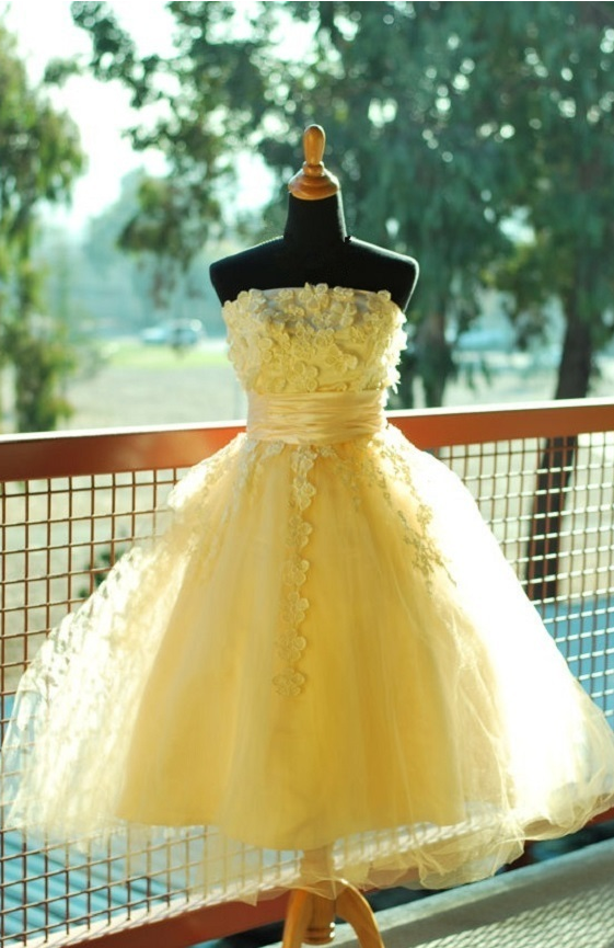 Sun Yellow Short Dress With Lace Flowers, Homecoming Dress, Short