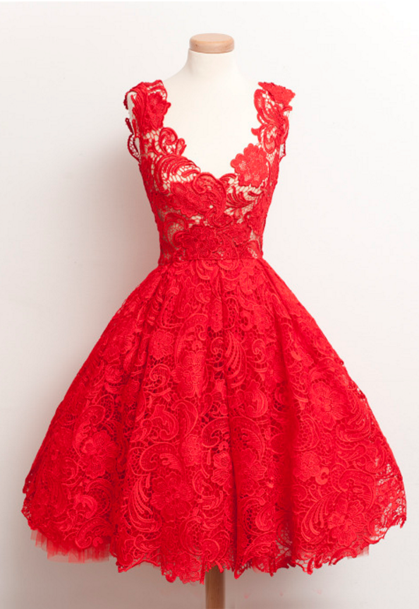 knee length dresses for ladies Red round neck satin lace beads short prom dress red homecoming dress –  dresstby main image 0