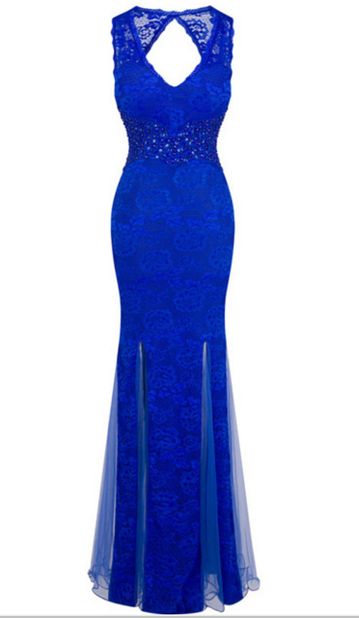 Sleeveless V-neck Lace Beaded Mermaid Floor-length Prom Dress, Evening Dress Featuring Keyhole Back
