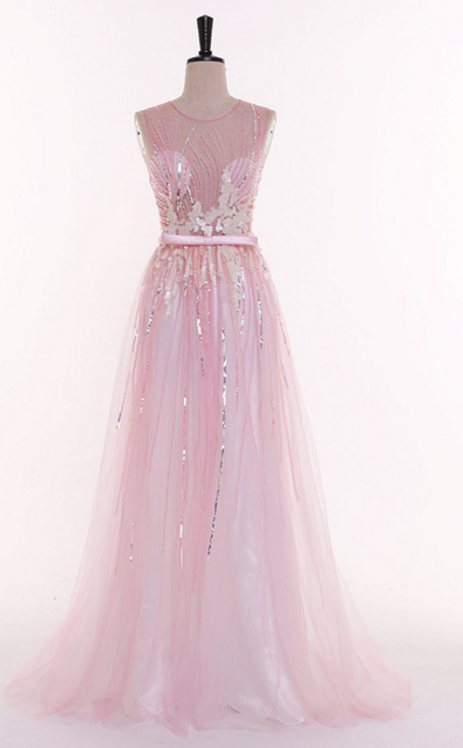 Rosette Of Rose Sparkly Sleeveless Mesh Tulle Prom Dress, Formal Evening Dress
