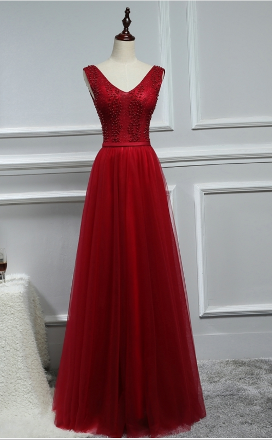 Dress Party Red Wine Light Pearl Long Wedding Dress Party Beautiful Dress, 5th Neck Use Dance