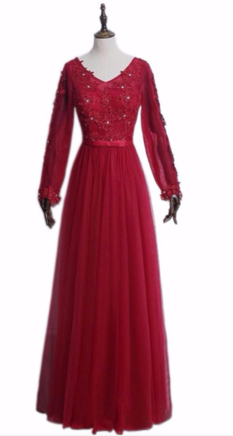 Appliques Red Wine Sexy- Pearl Of Pearl Length Dress In The Evening Long Sleeves Open Burning Dress Beautiful Wedding Dinner Evening Dress