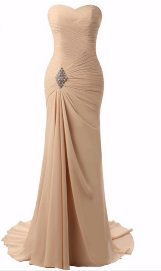 Champagne Ruched Sweetheart Floor Length Trumpet Prom Dress Featuring Beaded Embellishment And Sweep Train