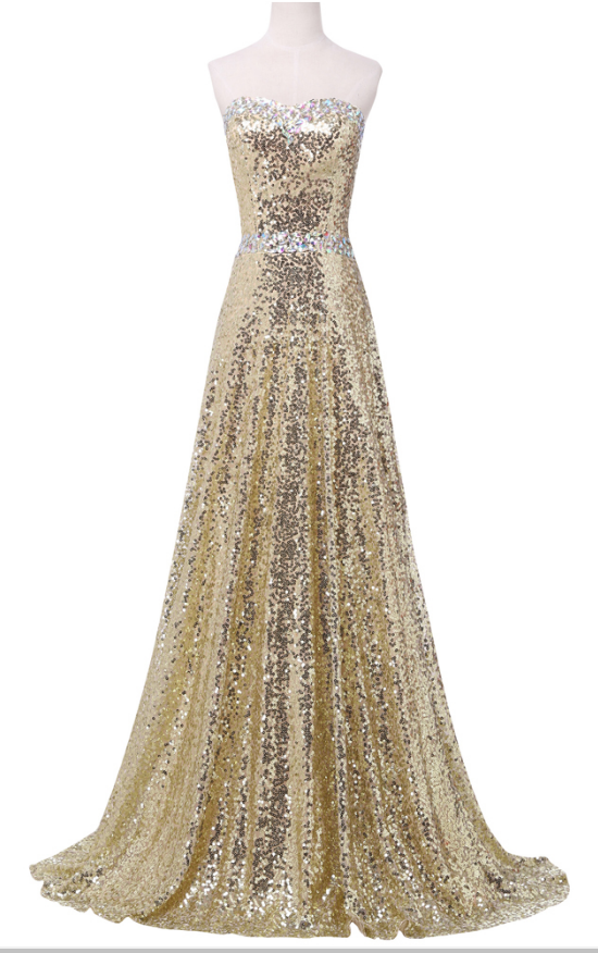 Gold Sequin Sweetheart Neckline Floor Length Prom Dress With Lace Up Back Detailing