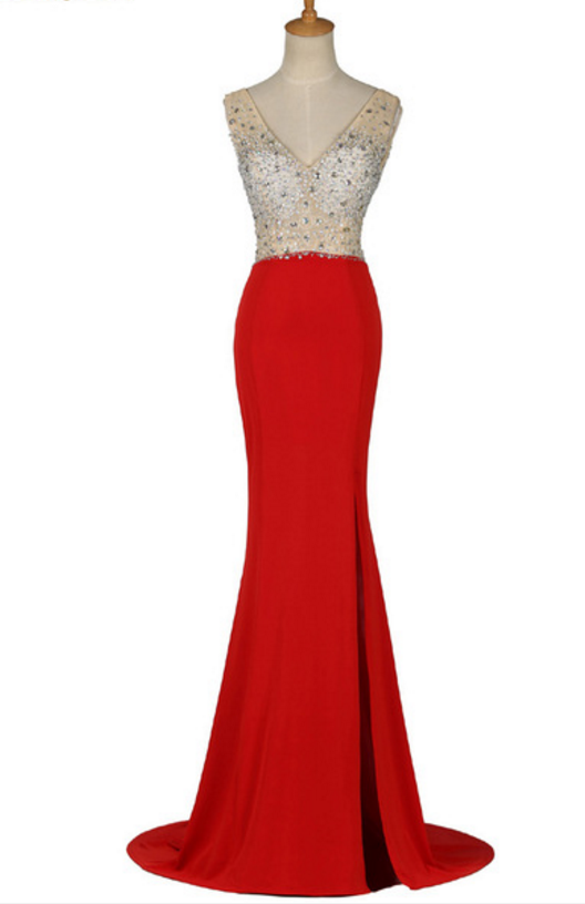 Red Sleeveless V-neck Beaded Mermaid Long Prom Dress, Evening Dress With Side Slit And Low V-back