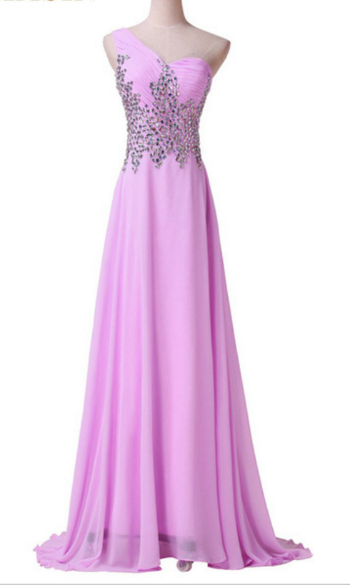 One-shoulder Ruched Beaded A-line Long Prom Dress, Evening Dress