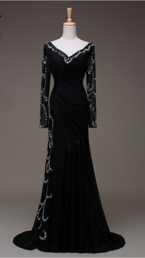 Black V-neck Beaded Ruched Mermaid Long Prom Dress, Evening Dress With Long Sheer Sleeves And Sheer Back