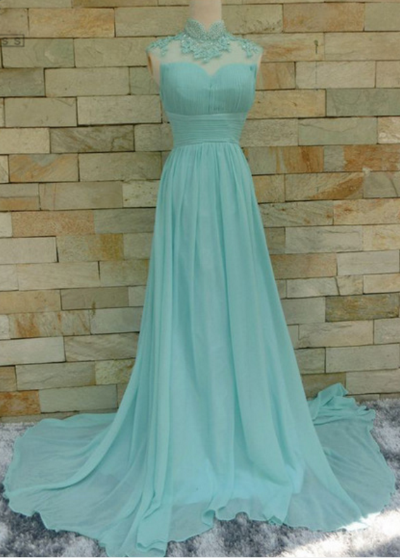 High Neck Mandarin Collared Ruched A-line Long Prom Dress, Evening Dress Featuring Open Back