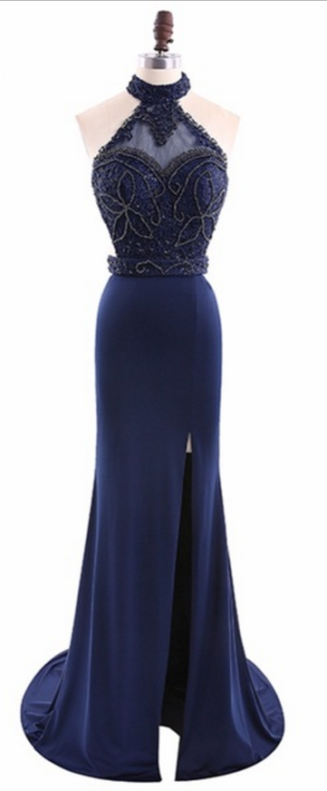 Halter Sheer Beaded Mermaid Long Prom Dress, Evening Dress Featuring Side Slit, Open Back And Ruffle Sweep Train