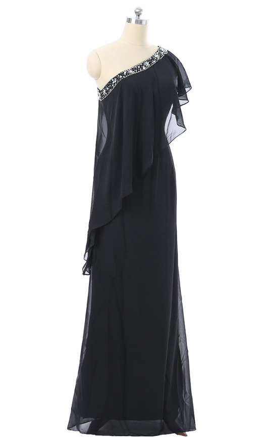 Black One-shoulder Beaded Mermaid Floor-length Prom Dress, Evening Dress