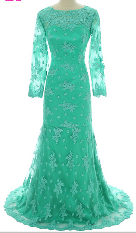 Green Muslim Wedding Dress Party Long-sleeved Sea-monster Blouse, Long-sleeved Dress Pajamas Party Dress