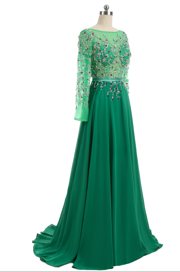 Green Bateau Sheer Crystal Beaded A-line Long Prom Dress, Evening Dress With Long Sleeves And Open Back