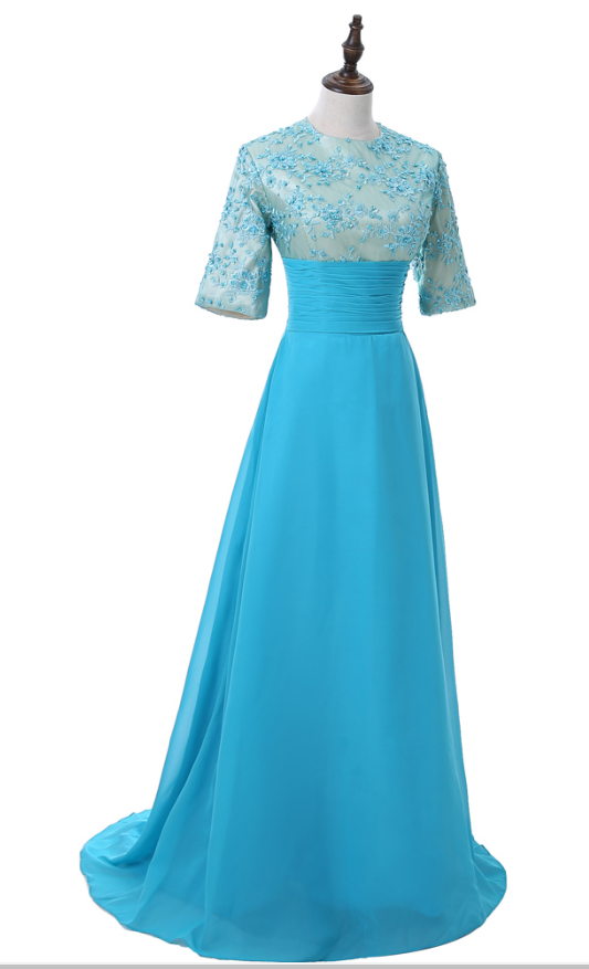 Blue Wedding Dress Party High Collar Short - Sleeved Lace Field Casual Women's Long Gown Evening Gown Evening Gown Evening Gown