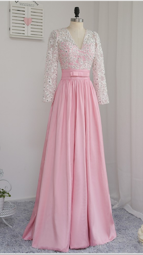 Rose Wedding Dress Party V-er Long Sleeve Taffeta Dress In The Evening Dress Of The Evening Gown Of The Evening Gown