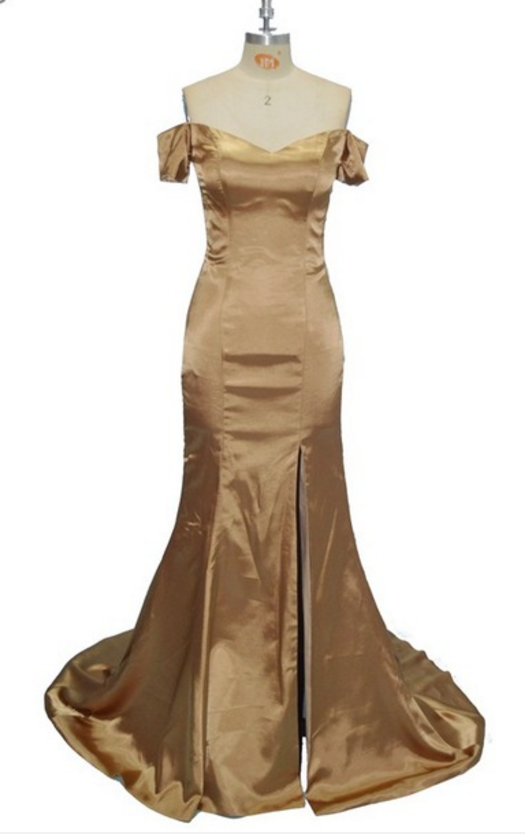 Custom Made Gold Satin Off-shoulder High Split Floor-length Formal Dress, Evening Dress, Bridesmaid Dresses, Weddings, Prom Dresses