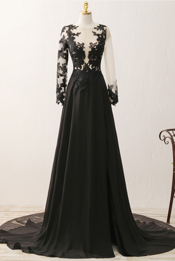 To The Black Chiffon Evening Gown Appliques Cracks, Open Sexy Dress Personalized Silk Evening Gown