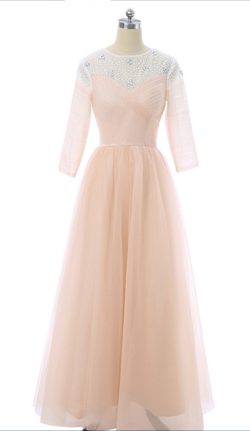 Champagne Sheer Beaded Long-Sleeved Ruched A-line Floor-Length Prom ...