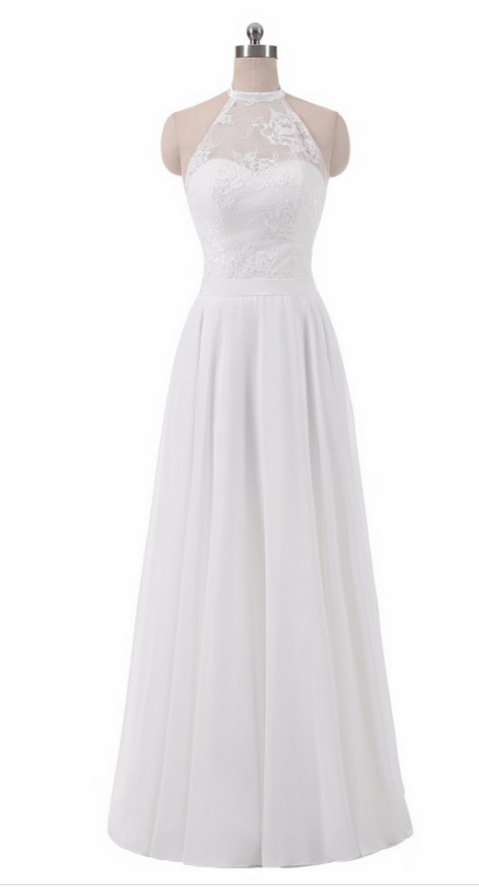 Custom Made White High Neck A-line Long Evening Dress, Prom Dresses, Wedding Gowns