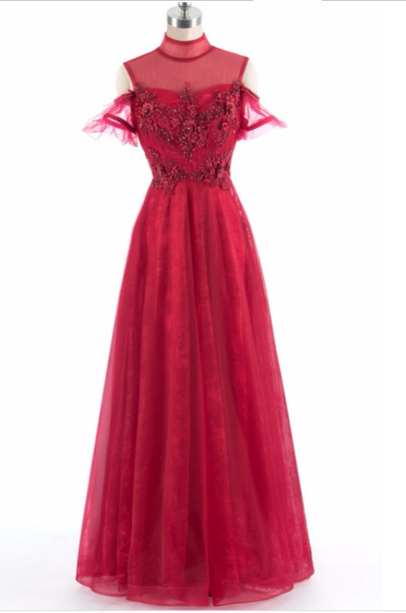 Attractive Red Dress Ah Long Higher Normal Neck Shoulder Open Dress Party Dress