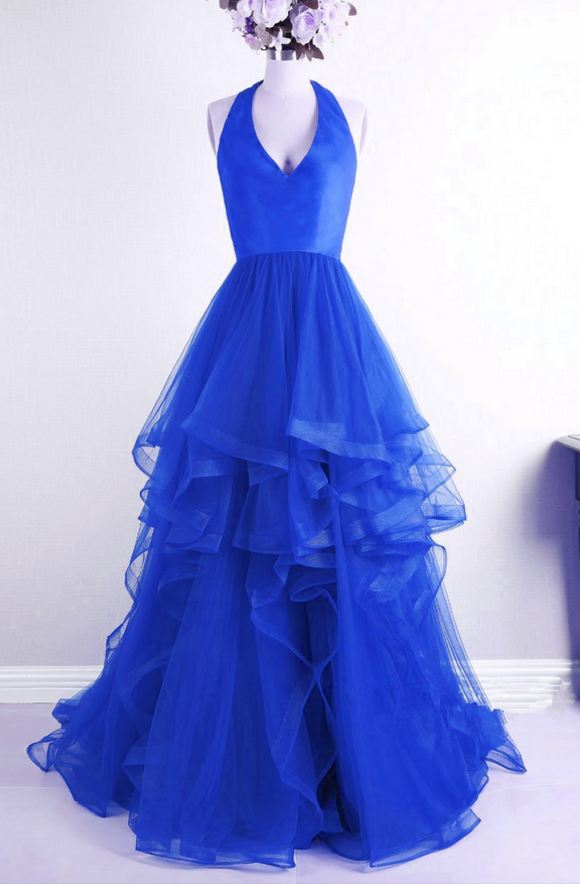 Beautiful Royal Blue V-neckline Halter Tulle High Low Party Dresses