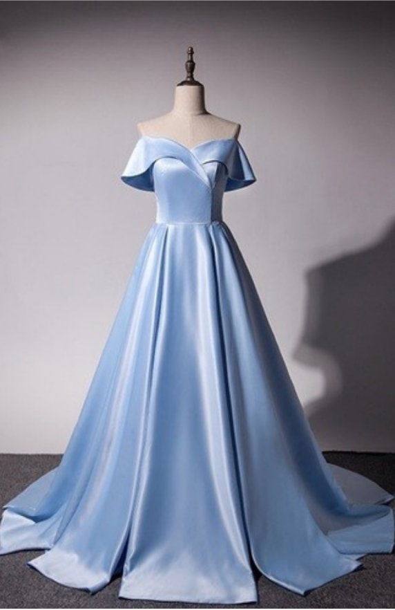 Ice Blue Satin Princess Gowns, Light Blue Prom Dresses , Gorgeous Off Shoulder Party Dresses