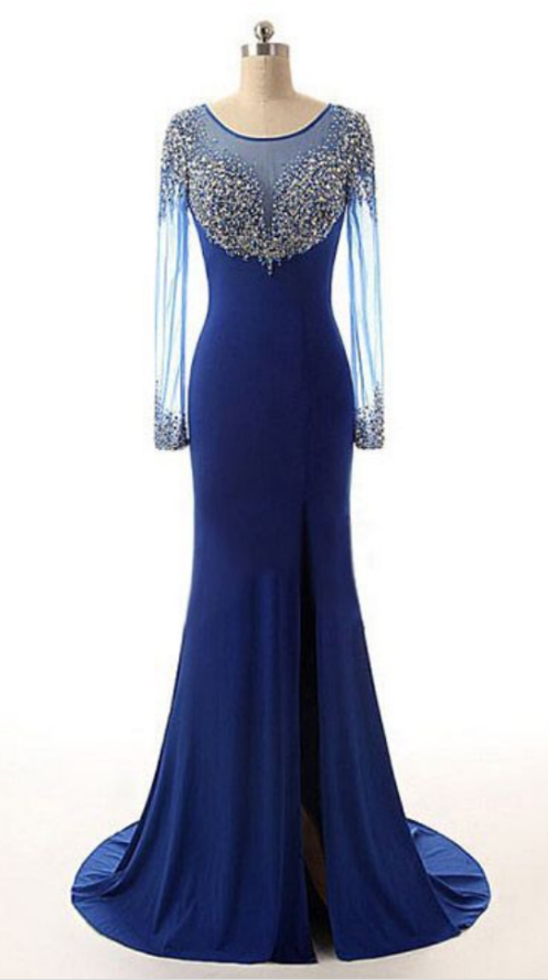 Mermaid Prom Dresses Royal Blue, 2018 Prom Dresses Long Sleeve, Scoop Neck Chiffon Tulle Sweep Train Beading Long Prom Dresses