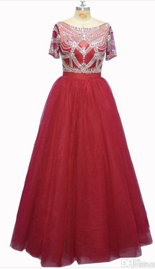 Real Photo Burgundy Prom Dresses Scoop Neck Short Sleeves A Line Floor Length Crystal Beaded Tulle Formal Evening Party Gowns