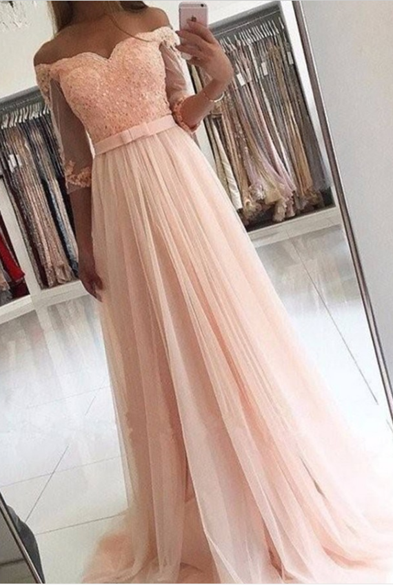 A-line Off-the-shoulder 3/4 Sleeves Pearl Pink Prom Dress With Appliques