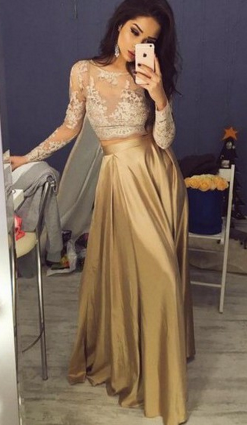 Two Piece Crew Floor-length Long Sleeves Gold Stretch Satin Prom Dress With Lace