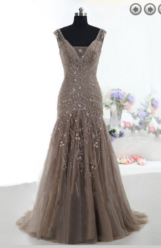 A-line V-neck Sweep Train Tulle Sleeveless Beaded Lace-up Brown Prom Dress Evening Gowns