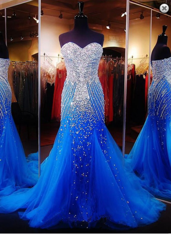 Blue Beaded Embellished Sweetheart Floor Length Tulle Mermaid Prom Dress, Formal Dress, Evening Dress