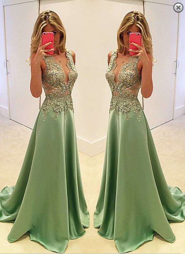 A-line Deep V-neck Sweep Train Mint Stretch Satin Prom Dress With Appliques