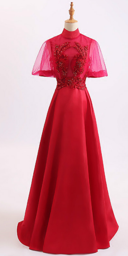 Evening Dress Elegant Wine Red High Neck Poet Short Sleeves Lace Up Back A Line Floor Length Satin Lace Embroidery Crystal Party Prom Dress,