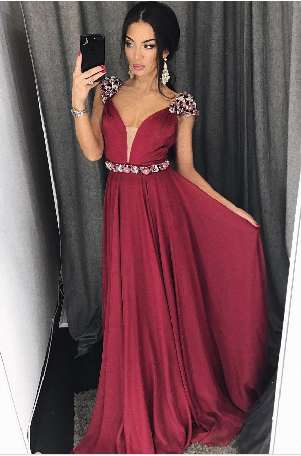 Chiffon Prom Dresses,illusion V Neck Long Prom Dress ,with Beaded Flowers In Shoulder And Waist Prom Dress