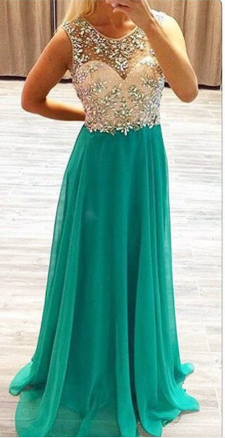 Green Backless Evening Dresses,beading Sequin Prom Dresses, A-line Chiffon Prom Dresses, Pageant Gowns