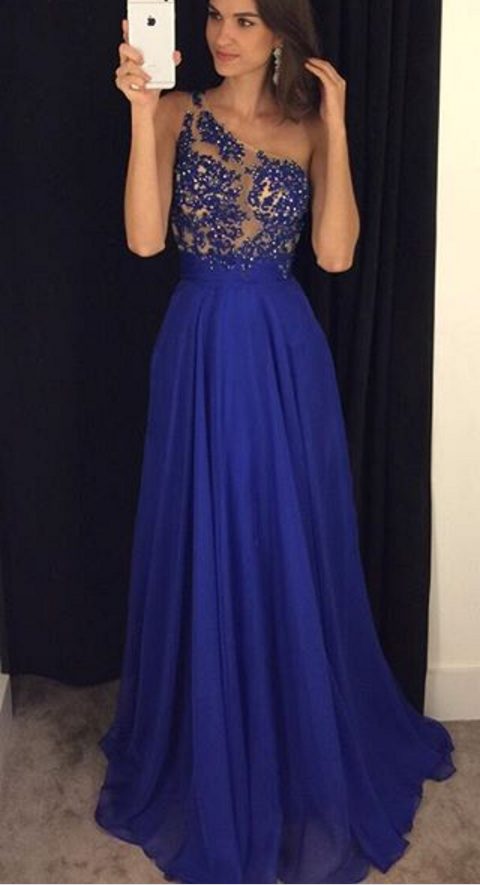 Royal Blue Prom Dresses,one Shoulder Evening Dresses,beading A-line Chiffon Party Dresses