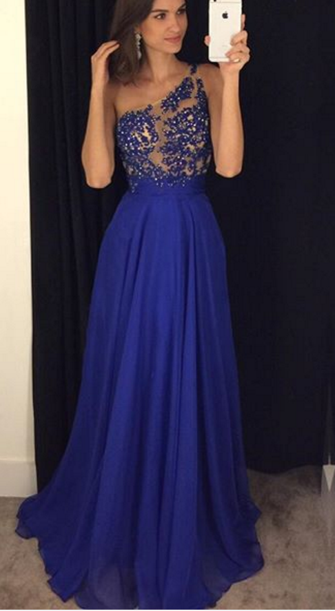 Royal Blue Prom Dresses,one Shoulder Evening Dresses,beading A-line ...