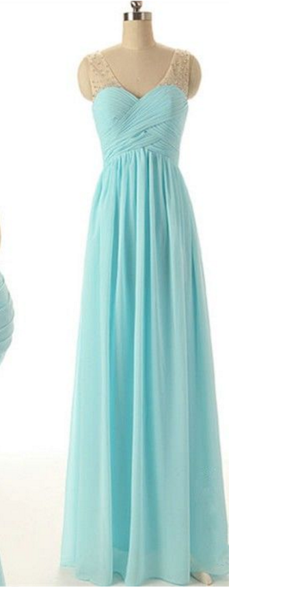 Long Chiffon Prom Dresses, Evening Dresses, Party Dresses With Pleats And Beads