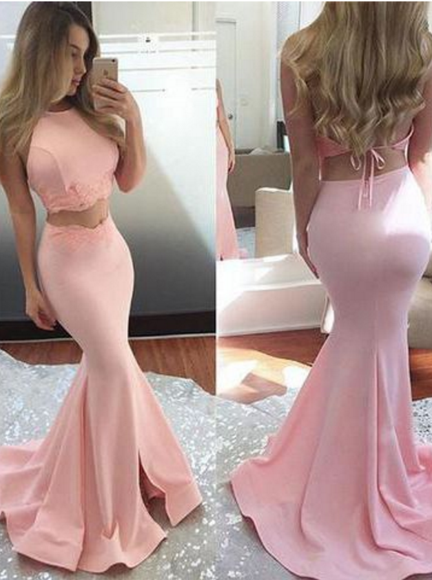 Pink Two Pieces Lace Long Prom Dres.. Pink Two Pieces Lace Long Evening Dres..