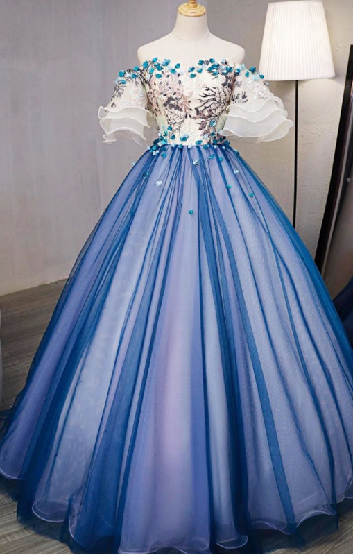 Blue And Ivory Hand-made Flower Prom Dress/evening Dress