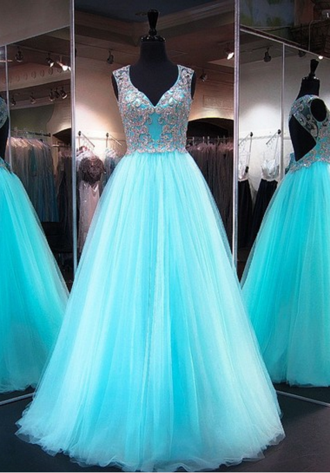 Fabulous Princess V-neck Tulle Floor-length Crystal Detailing Light Sky Blue Open Back Prom Dresses