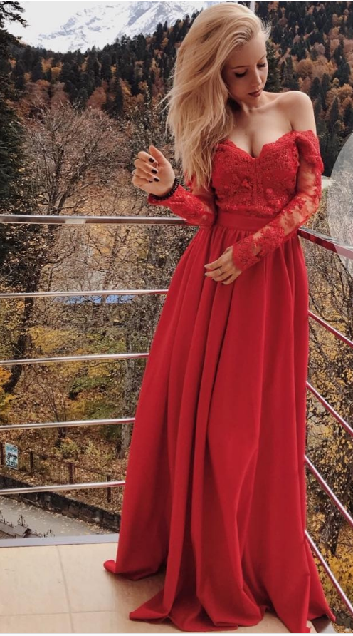 Red Long Sleeve Lace Elegant Prom Dress,long Prom Dresses,prom Dresses,evening Dress, Evening Dresses,prom Gowns, Formal Women Dress