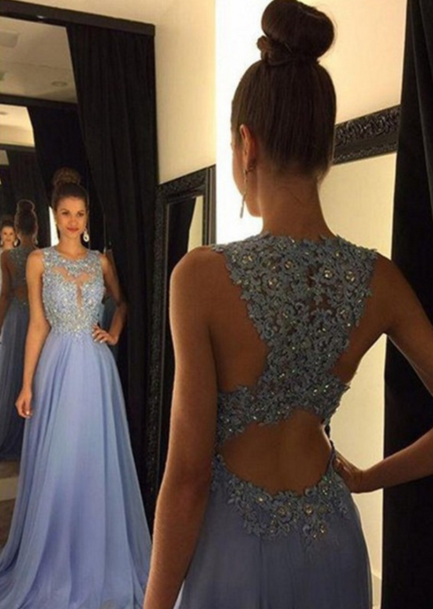 Custom Made A Line Round Neck Lace Prom Dresses, Lace Formal Dresses