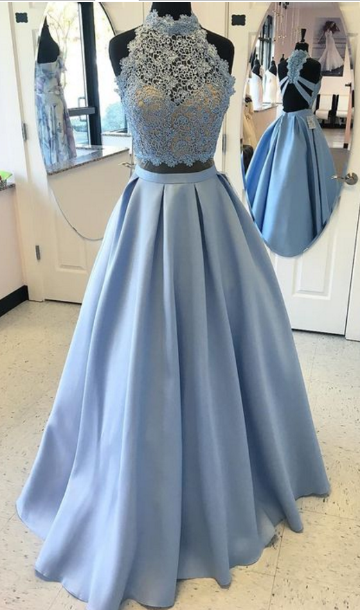 Two Piece Sky Blue Prom Dress,Two Piece Sky Blue Long Prom Dress