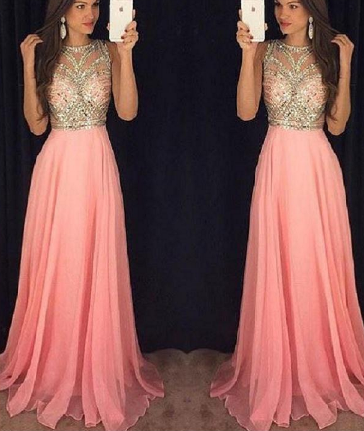 Pink Beading Chiffon Long Prom Dress A-line Sleeveless Evening Gowns Custom Made Prom Dress